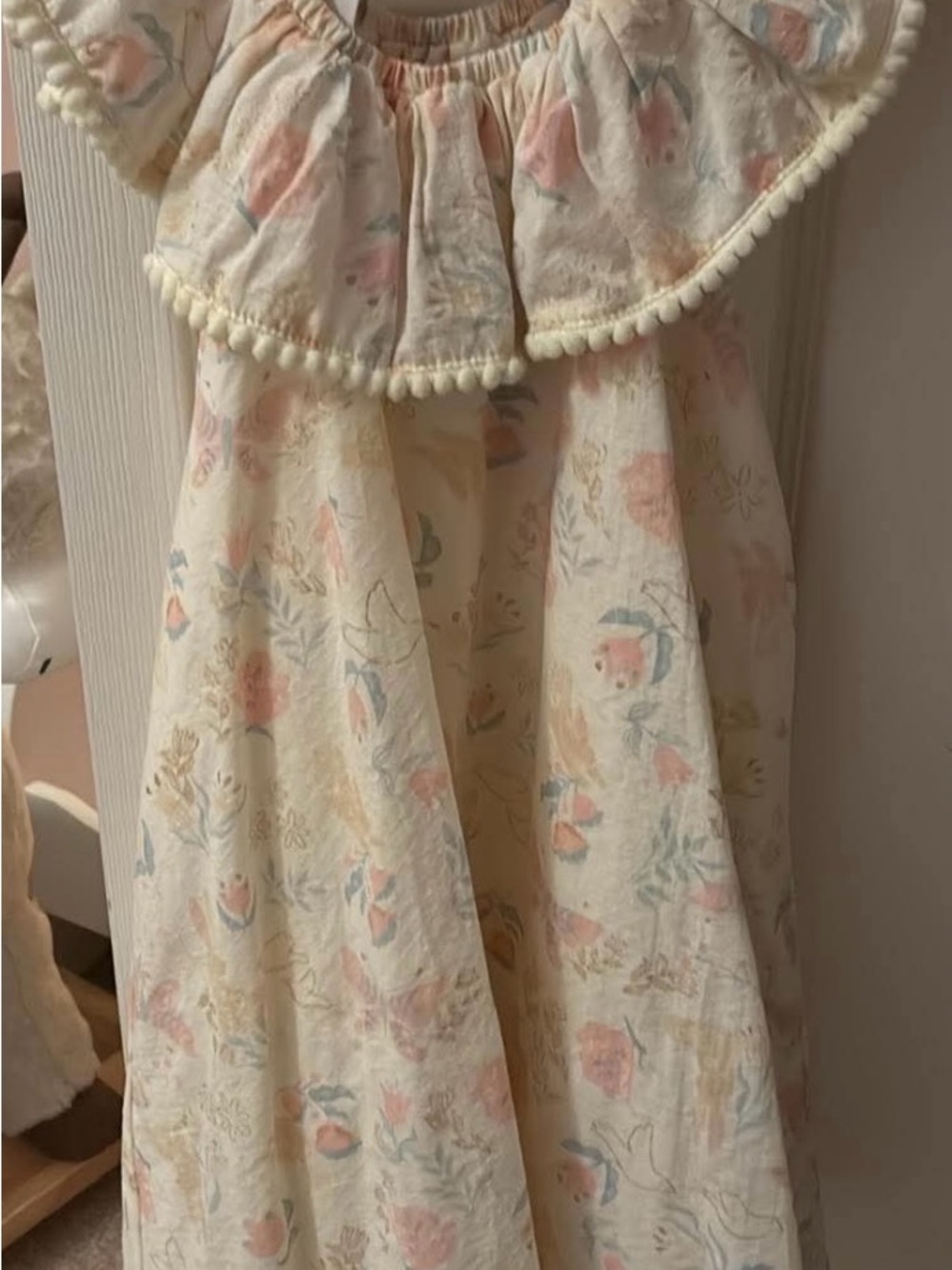 Cream Floral Maxi Dress with Pom Trim
